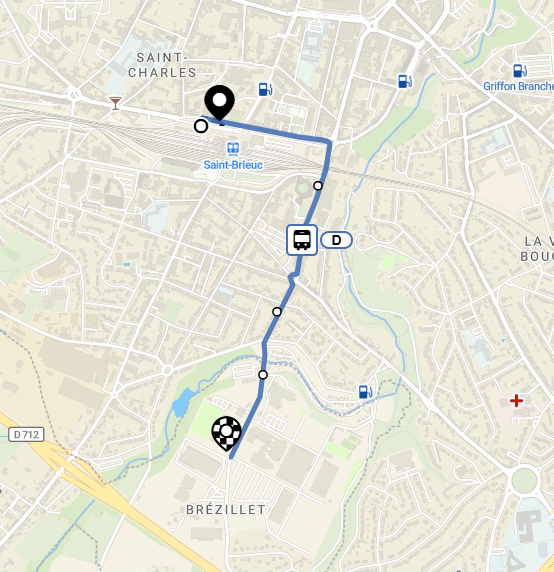 Plan du trajet en bus entre la gare de Saint-Brieuc et le Parc des expositions (Brezillet)